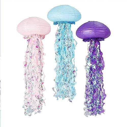 Surwin 3pcs Quallen Papierlaternen Set, Hochzeitsdeko Party Deko Lampions, 30cm Rund Papierlampe Hängend Papierlaternen, Gartenparty Deko Ozean Mottopartys (30cm,Mehrfarben)
