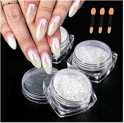 3 Boxes White Pearl Chrome Nail Powder - Transparent Clear Ice Shimmer Chrome Pigment Powder for Nails, Glazed Donut Inspired Nails Mirror Effect Glitters Nail Art Powder for DIY Salon