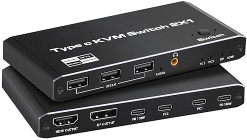 Tendak 2-Port USB-C KVM-Switch, Typ-C KVM Switch mit 4 USB 2.0 Port Unterstützung, 8K@60Hz, 4K@120Hz, 100W PD Fast Charging, Schwarz, Manuell, 2 PC Share Maus, Tastatur und DisplayPort/HDMI Monitor
