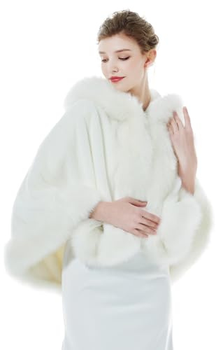 BEAUTELICATE Damen Kunstpelz Braut Umhang mit Kapuze Winter Braut Poncho Cape Kurz Warm Kunstpelz Stola Brautjacke für Hochzeit Abendkleid Elfenbein Schwarz