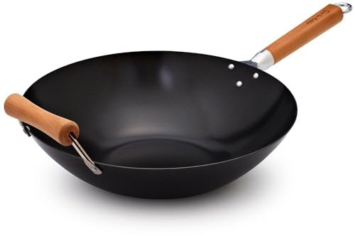 Sur La Table 14 Nonstick Wok with Maple Handle – Steel Stir-Fry Pan with Flat Bottom for Even Heating, Healthy Cooking with Little to No Oil, Lightweight and Induction Compatible