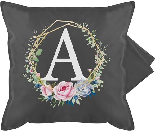 Kissenbezug - Geschenk Initialen - Kissen - Blumenkranz Mit Buchstabe A - 50 x 50 cm - Grau - buchstabenkissen kissenbezüge buchstaben anfangsbuchstabe initial kopfkissenbezug den buchstaben-kissen