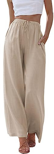 Imuedaen Damen Hosen Sommer Leinen Leicht Casual Locker Leinenhose Freizeithose Palazzo Hose Weite Leg Hose Sommerhose Hohe Taille mit Tunnelzug und Taschen (Khaki, L)