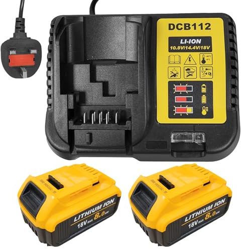 2 Pack 8.0Ah Replacement Battery for Dewalt 18V Battery with Charger, Compatible with Dewalt 18V Series Cordless Power Tool Replace for DCB200 DCB184 DCB101 DCB107 DCB112 DCB105