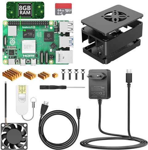 Raspberry Pi 5 8GB Quad-Core ARM-A76-64 Bits con 64GB Scheda SD, Starter Kit con Alimentatore 5.1V 5A 27W, Cavo Micro HDMI, Ventola, Dissipatore di Calore, Raspberry Pi 4 3 Aggiornato Barebone
