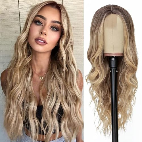 PORSMEER Lange Braun/blond Wellig Perücke, 66cm Mittelscheitel Lockige Perücke Natürliche Hitzebeständig Synthetische Perücke für Frauen Tägliche Party