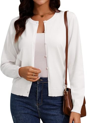 Irevial Gilet Femme Cardigan Chic et Elégant pour l'Printemps et automne avec Boutons Col Rond Blanc，L