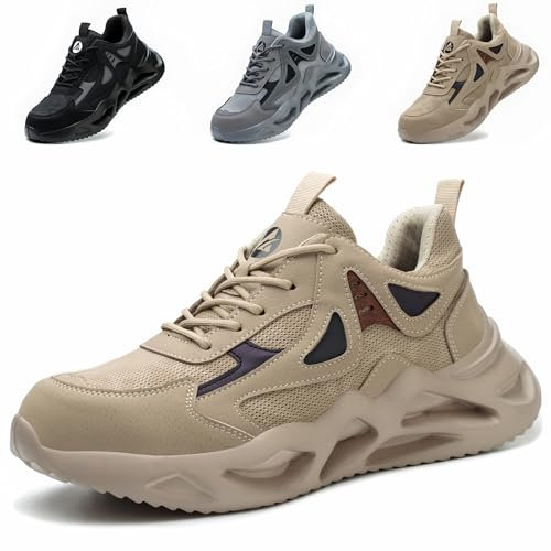 Zapatos de Seguridad para Hombre Mujer Ligeros Zapatos de Trabajo Transpirable Calzado de Seguridad Zapatillas de Trabajo con Punteras de Acero Antideslizante, Marrón, EU 37