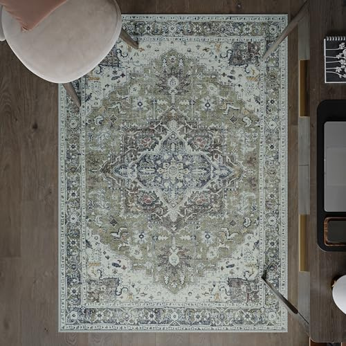 artyrugs Machine Washable Rug, 122x170cm, 75% Recycled Cotton, Short Pile, Non-Slip Backing, Non-Shedding, Suitable for Bedroom, Kitchen, Hallway, Office, Midsize, Brook Sage & Blue