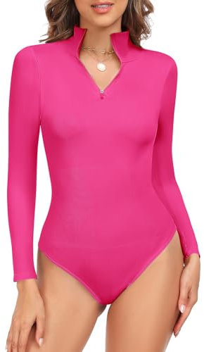 FemiChic Body Donna con Zip Sexy Slim Fitted Bodysuit Casual Jumpsuit a Maniche Lunghe Confortevole Shapewear Solido Stretch Bodysuits(Rosa,S)
