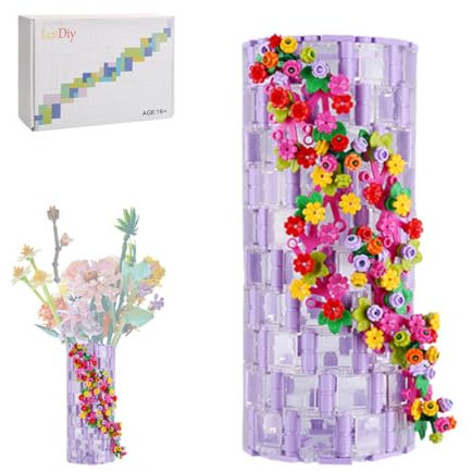 CreativeBlocker 10280 Lot de 473 blocs de construction pour vase, transparent, violet, kit de montage pour bouquet de fleurs, une grande décoration