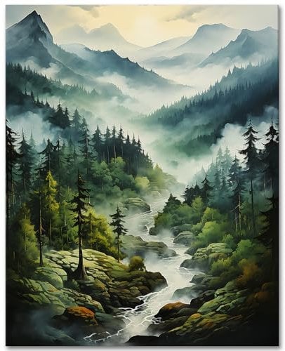 TISHIRON Peinture par Numéros DIY Paysage Forestier Adulte, Kit de Montagne Acrylique, Arbres à l'Huile, Artisanat 40x50cm (Encadré)