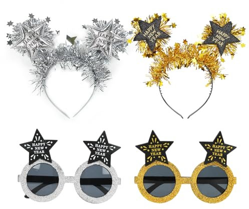 4 Stück Silvester Haarreif, Happy New Year Haarreifen + Brillen, Silber und Gold Stern Neujahr Stirnband, Silvester Kopfschmuck für Kinder Erwachsene 2025 Silvesterparty Haarschmuck Neujahrdeko
