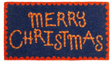Fisura – Fußmatte für den Hauseingang “Merry Christmas” aus Kokosfaser mit Rutschfester PVC-Unterseite. Weihnachts-Fußmatte in Blau und Rot. Originelle Außen-Fußmatte. Handbemalt. 70 cm x 40 cm