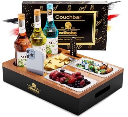 Couchbar, Sofa Organizer auf dem Beistelltische Couchtisch, Couchbar Holz als Bier Geschenke für Männer, Sofatablett Mit DREI Snackschalen und Mehrere Lagerplätze (Holzfarbe)