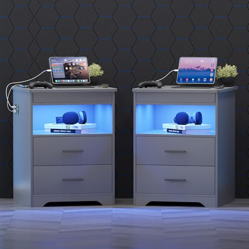Gurexl LED Nachtschrank 2er Set mit 3 Licht Dimmbar, Smart Nachttisch mit Ladefunktion, Abschließbare Schubladen Sideboard mit 3 Schubladen USB Type-C Wohnzimmer Grau