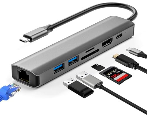 Oblinple 7 in 1 USB C Hub, Multiport Ethernet Adapter with 4K 30Hz HDMI 100W PD, LAN RJ45, USB 3.0 USB 2.0 Ports, SD TF Card Reader, Type C Multi Adaptor Dongle for MacBook Air iPad Pro Samsung Laptop