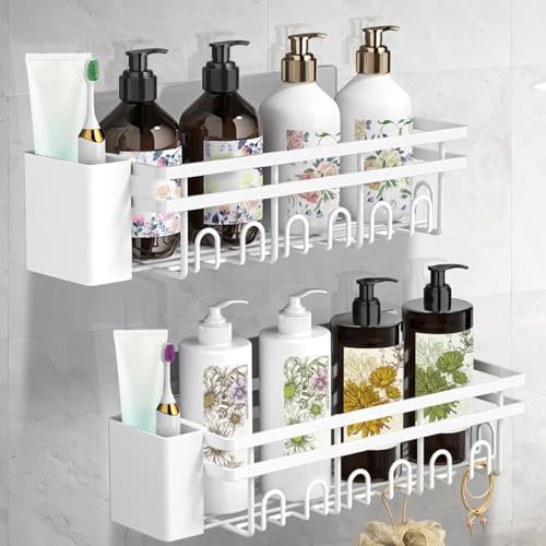 TranRantic 2 Pièces Etagere Douche sans Percage, Rangement Salle de Bain Durable, Etagere Salle de Bain avec Boîte pour Brosse à Dents, Salle de Bain Accessoire pour Gel Douche et Shampoing(Blanc)