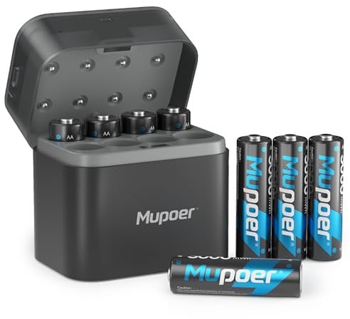 Rechargeable Battery AA with Hybrid Charger,3000mWh Lithium AA Batteries 8 Count 1.5V,Aa Battery Charger for NiMH & Lithium Batteries,Integrated Charging Storage Box Gray,8 Slot,Fast Charging