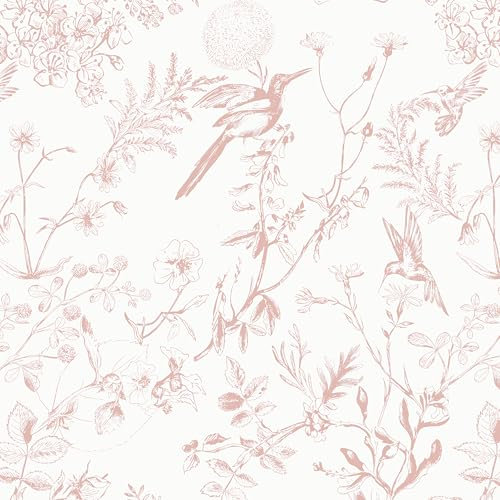 Timeet Selbstklebende Tapete Vögel Möbelfolie Rosa und weiß 44x1000cm Vintage Blumentapete Selbstklebend Klebefolie Vinyl Klebetapete für Wohnzimmer Schlafzimmer Küche Wand Möbel