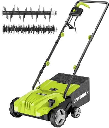 DEWINNER Escarificador eléctrico 2 en 1, aireador de césped 1500W, 32 cm de Ancho de Trabajo, Cesta de Recogida de 30 l, Ajustable en 4 Niveles de -12 Biz + 4 mm
