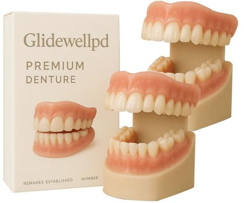 Glidewellpd - Premium Denture, Smileasego Premium-Zahnprothesen, Silikon-Zahnprothesen für den gesamten Mund, Silikon-Unterfütterungsset mit von Zahnprothesen oben und unten, bequeme Passform (2PC)