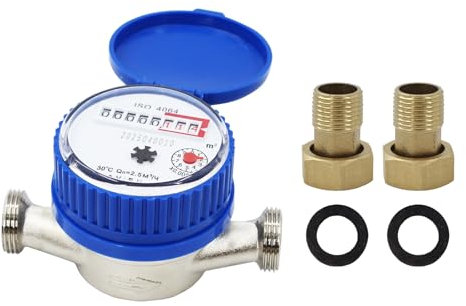 Garten Wasserzähler 1/2 Zoll, Kaltwasserzähler geeicht mit Digitalanzeige und Zeiger, Zapfhahnzähler mit Montagezubehör und Schutzabdeckung, Haushalts-Kaltwasseruhr 0-40℃, Durchfluss 1,5 m³/h