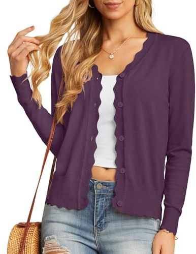 GRECERELLE Cardigan da donna con bottoni e scollo a V Cardigan leggero ed estivo da donna elegante con pizzo, Grigio scuro viola, XXL