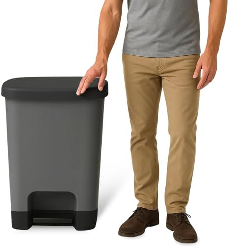 TECHZOCO Cubo basura plástico, Cubo basura apertura pedal, Papelera de pedal, cubo de Pedal, Basura para oficina, Libre BPA, 63.5 cm alto x 41 cm ancho x 36 cm fondo, Capacidad 50 Litros, Gris/Negro