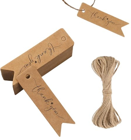 Geschenkanhänger Kraftpapier 100 Stück Handmade Mit Liebe | Danke Anhänger Zweiseitig 7x2 CM | Mit Jutekordel für Geschenkverpackung Hochzeit Geburtstag Weihnachten