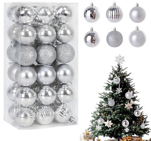 KLINNA 36pcs Weihnachtskugeln Kunststoff Bruchsicher im Set 4cm, Christbaumschmuck für eine volle Baumdeko, Stilvolle Weihnachtsdeko in Matt, Glänzend & Funkelnd (Silber)