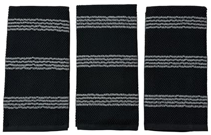 Thanksgiving Kitchen Towels- Set of 3 100% Cotton Black with Woven Grey Horizontal Stripe Pattern Design- 16 x 26 Multipurpose Towels for Everyday Use