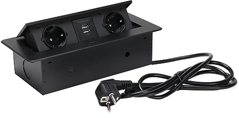 TABODD Aluminium Versenkbare Einbausteckdose mit USB, Multifunktionaler Einbausteckdose Versenkbar 2 Fach Tischsteckdose Mehrfachsteckdose für Arbeitsplatte Küche Büro, Steckdosenleiste mit 1.8m Kable