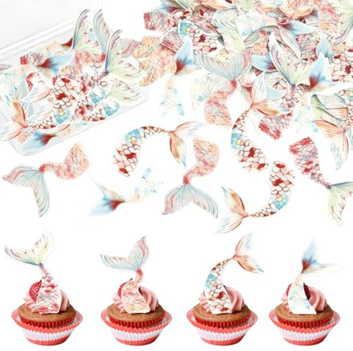 Décoration Gâteau Sirène,40 Pièces Sirène Cupcake Décoration Papier Comestible,Disque d'Azyme Comestible,Fête D'anniversaire,Fête sur le Thème de l'océan (Sirène-A)