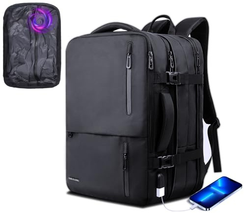 Vacuum Backpack Travel Bag: Vacuum Rucksack with Built-in Pump Expandable | Fit Laptop 19 Inch Computer Compression Rucksack Waterproof Carry on Large Cabin Size USB Charging For Work Business Black