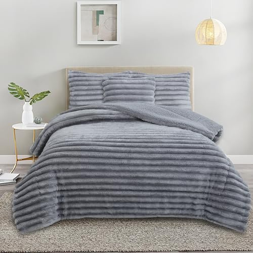 NOVOTEXTIL Edredón Invierno Sherpa Cama 90 (180x260) Extra Grueso 560gr/m2 Efecto Borreguito - Edredón Suave, Cálido y Transpirable con 1 Funda Almohada (50x70) (Estocolmo Gris)