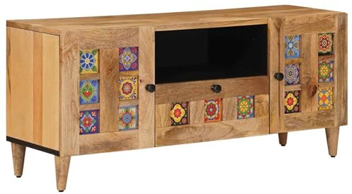 vidaXL TV-Schränk mit Tür Natur 105 x 33,5 x 46 cm Massivholz Mango, Moderner rechteckiger TV-Schrank, Mangoholz Lowboard, Möbel für Medien, mit Schubladen, stilvolle Einheit