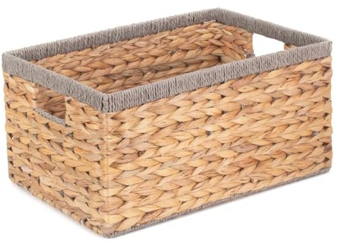 Red Hamper Large Water Hyacinth with Grey Rope Border Rectangular Storage Basket, Brown