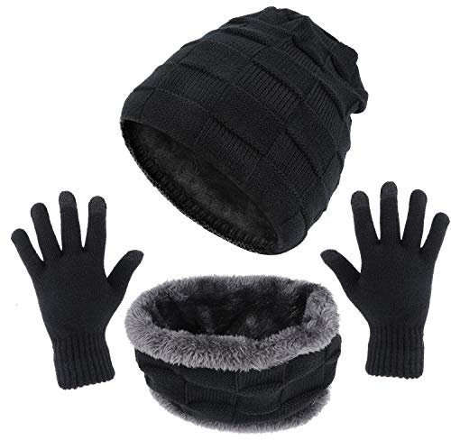 TAGVO Winter Unisex Beanie Mütze Schal Touchscreen Handschuhe Set 3 in 1, Dickes Fleece-Innenmaterial, Stretch-Strickmütze für Motorrad-Skifahren, Nackenwärmer, Touch-Handschuhe für Sport im Freien