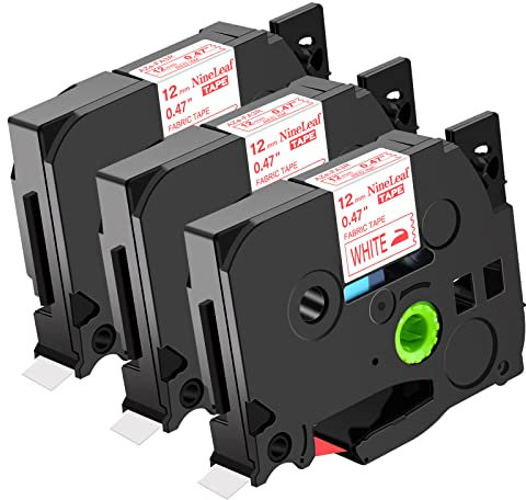 NineLeaf 3 Stück Stoff zum Aufbügeln auf Kleidung P Touch Kassettenband kompatibel für Brother 12 mm 1/2 Zoll TZFA3R TZeFA3R TZ TZe Serie Etikettenband, 12 mm x 3 m, Rot auf Weiß