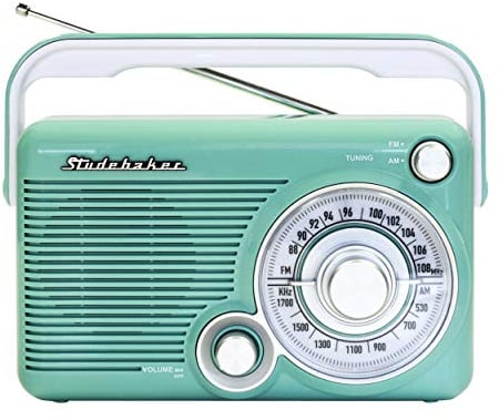 Studebaker SB2002TE Portable AM/FM Radio with Headphone Jack and Aux-in Jack with AC/DC Power (Teal/White)