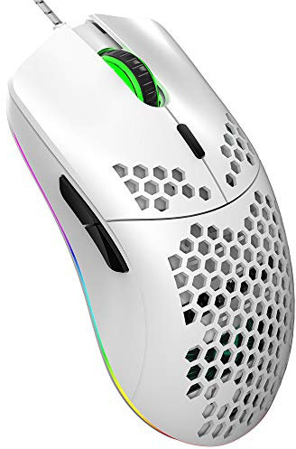 Wired Gaming Mouse, J900 6 RGB Lighting 6400 DPI Programmable USB Gaming Mice with 6 buttons, Honeycomb Shell Ergonomic Design for PC Gamers and Xbox and PS4 Users- White