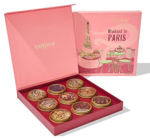 VAHDAM Weekend in Paris Tee Geschenkset | 9 Sorten Loseblatttee | Kräutertee, Chai & Schwarzer Tee | Geschenkbox Reiseedition | Geschenkideen für Frauen und Männer | Vakuumversiegelt für Frische