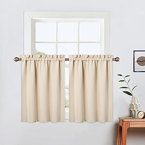 LinTimes Kurze Fenstervorhänge,Verdunkelungsvorhang für Küche Fenster,Thermische Fensterbehandlung und Cafe-Vorhang zur Raumverdunkelung 66cmx91cm(26x36 inch),2 er Set Beige