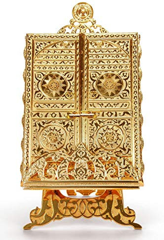 ihvan online Islamisches Metall Koran Box mit Standplatz, Kaaba Tür Motiv, islamische Dekorationen für Haus, Muslim Haus und Tischdekoration, perfekte Islamischer Geschenke, Gold