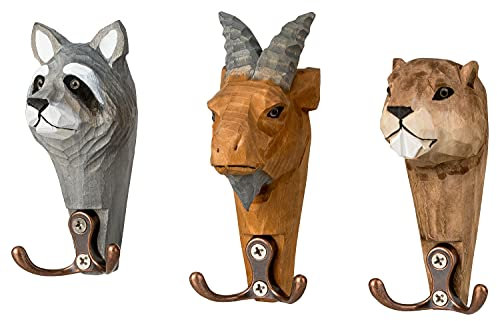 your castle Wandhaken Tier Familie Tierköpfe - 2-fach Garderobenhaken aus Holz 3er-Set Ziegenbock, Murmeltier, Waschbär, 11 x 6 cm