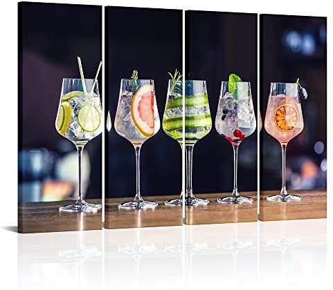 iLOOKLiKE 4 Panels Cocktail Canvas Wall Art Sparkling Liquor Wall Decor Wine Drink Cup Glass Painting Pictures Stretched and Framed for Pub Bar Tavern Nightclub 12x32inchx4pcs
