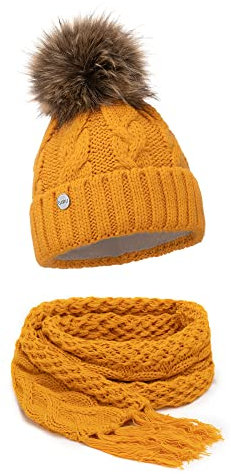 ELIMELI® Winter Mütze Schal Set Damenmütze mit Fell-Bommel Fleece Innenfutter - 2-teilig Damen Winterset - Wintermütze und passender Schal Damenschal- Strickmütze gefüttert - Made in EU (Set senfgelb)