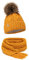 ELIMELI® Winter Mütze Schal Set Damenmütze mit Fell-Bommel Fleece Innenfutter - 2-teilig Damen Winterset - Wintermütze und passender Schal Damenschal- Strickmütze gefüttert - Made in EU (Set senfgelb)