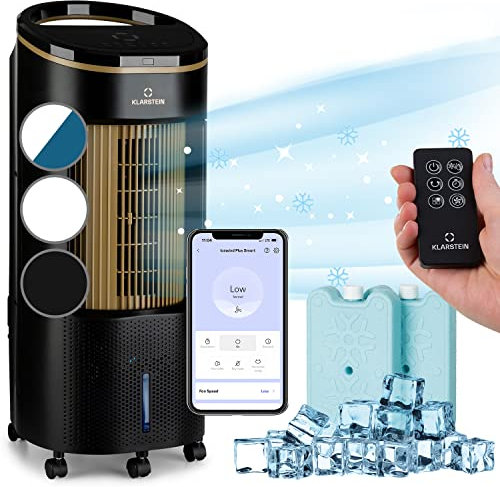 Klarstein 65W Portable Air Cooler, 4-In-1 Evaporative Air Coolers for Home, Silent with Night Mode, Humidifier, Ventilator, Smart App, Small Water Cooler, Ice Fan, 330m³/h Air Flow, Black/Gold